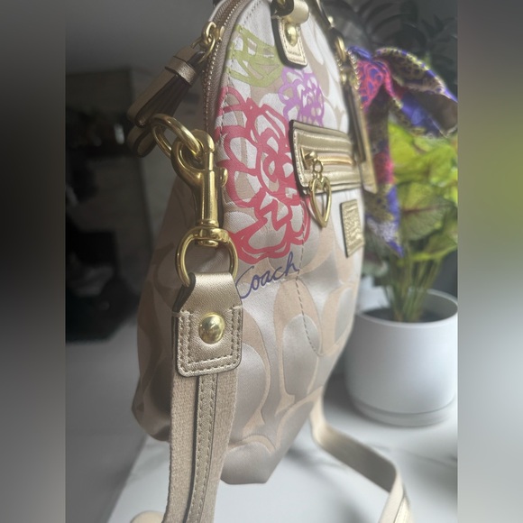 Coach Gold Signature Poppy Daisy Floral 2way Satchel #F22323 +Strap+Twilly - Picture 3 of 7